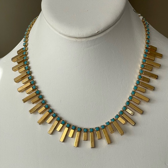 Vintage Jewelry - Vintage gold tone metal bib collar necklace with turquoise color stones